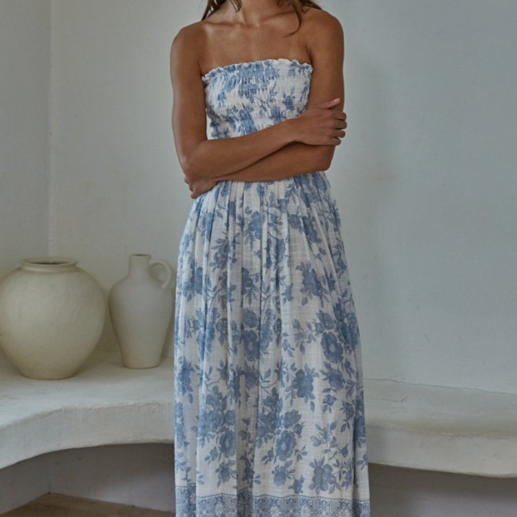 smocked strapless midi dress Nora Strapless Smocked Midi Dress Blue Multi / XS