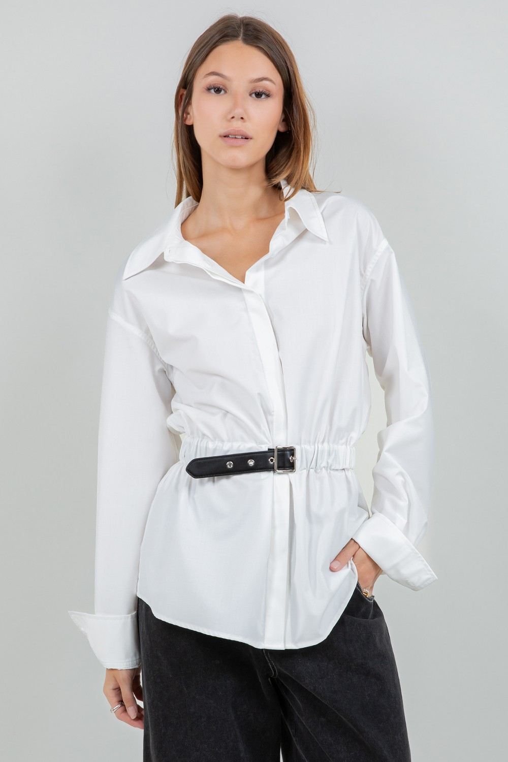 Poplin Button Down Shirt with Pu Waist Belt