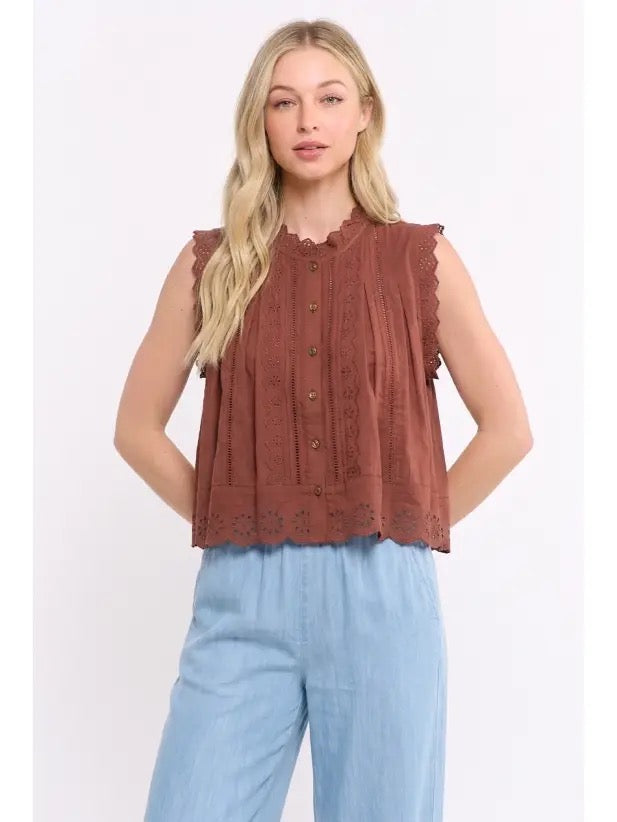 Broderie Anglaise Sleeveless Cotton Blouse