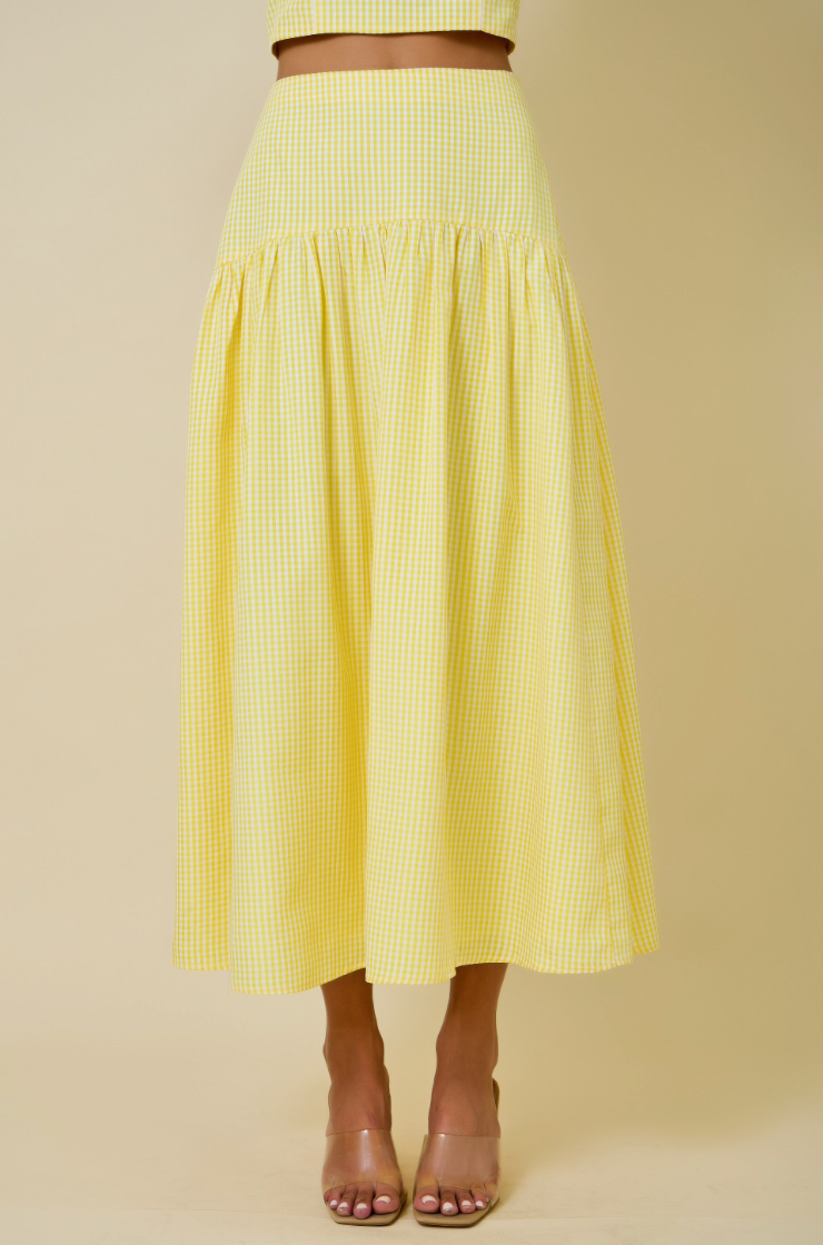 Gingham Flared Maxi Skirt With Curved Yoke
