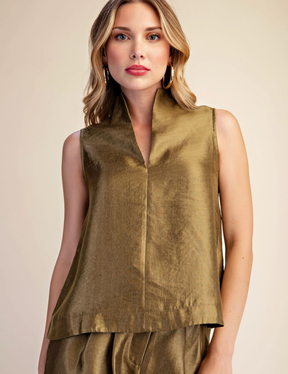 Stand Collar Slit V-Neck Sleeveless Top