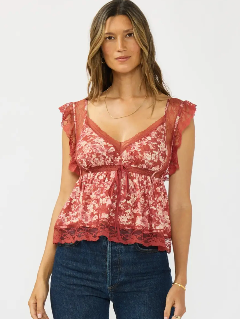 V-Neck Button Back Lace Top
