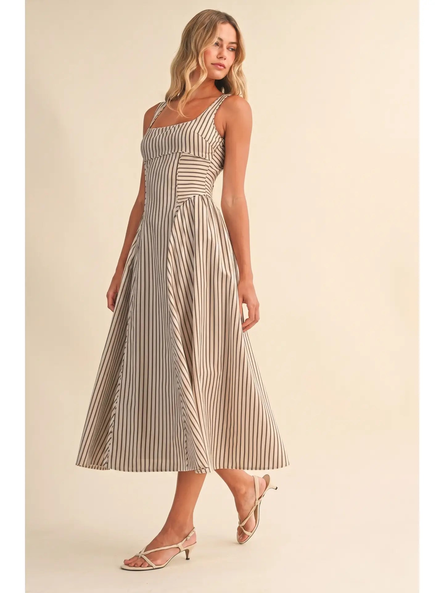 Striped Jumbo Back Buckle Piping Detail Midi Dress