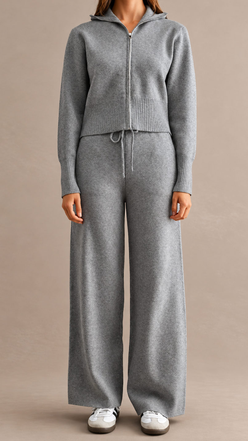 Knit Long Sleeve Zip-up Collared Cardigan And Pants Set