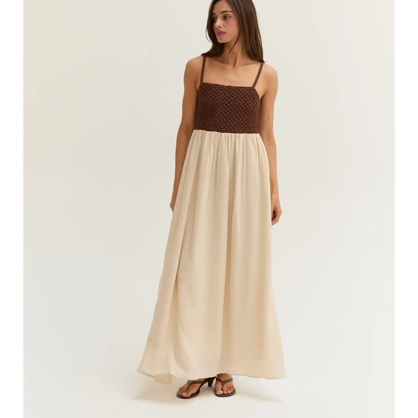 mixed media maxi dress Lorie Mixed Media Maxi Dress in Brown