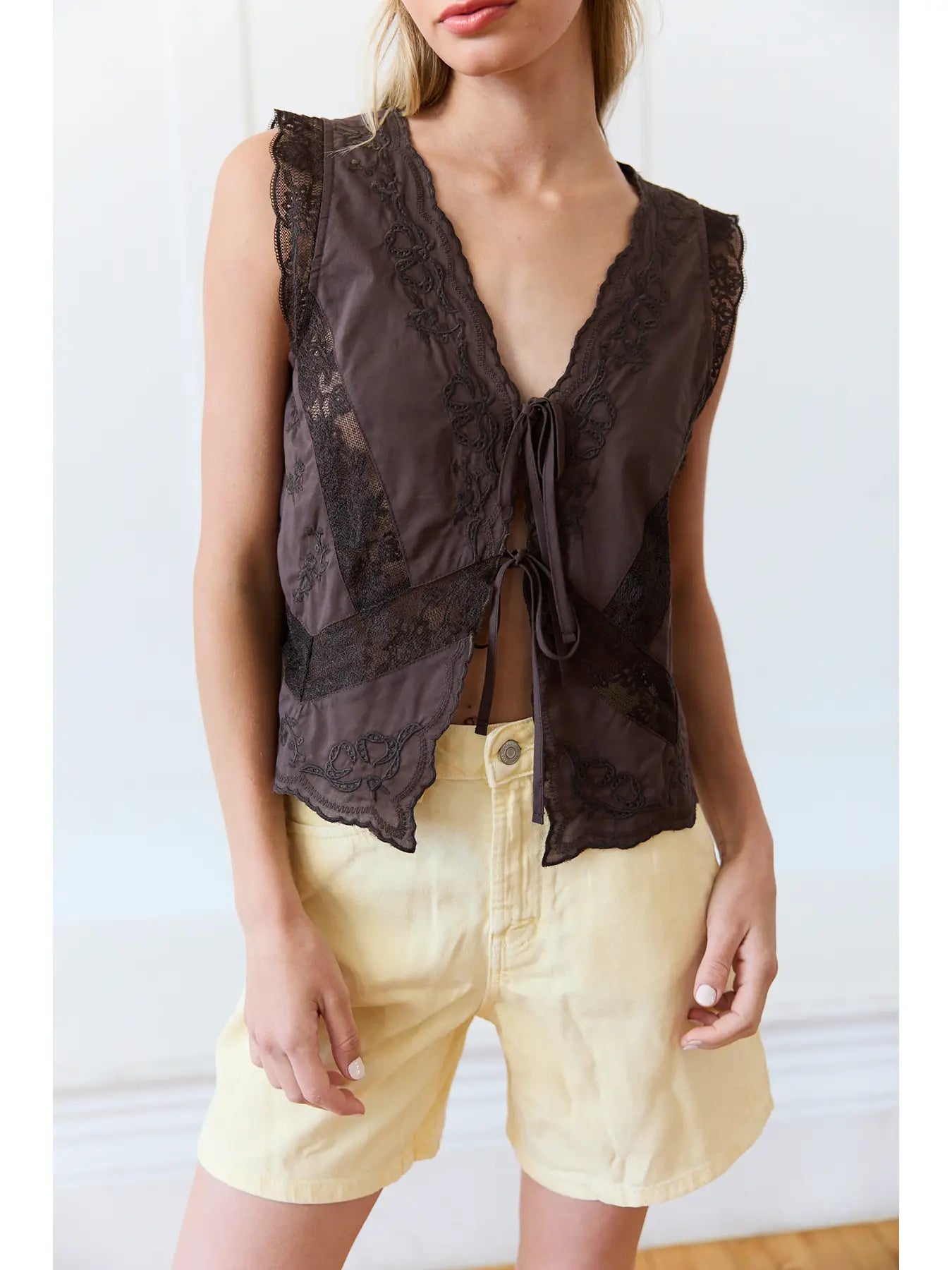 Lace Trim Tie-Front Top