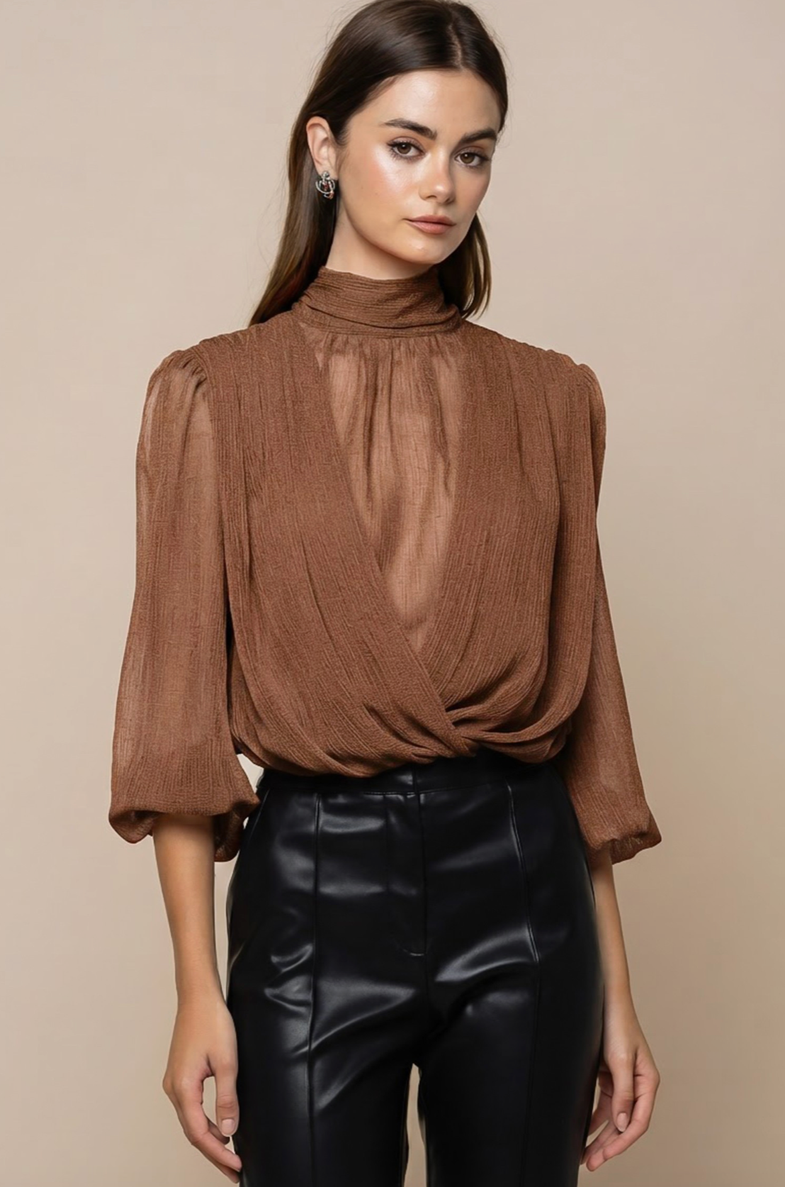 Mock Neck Draped Balloon Blouse