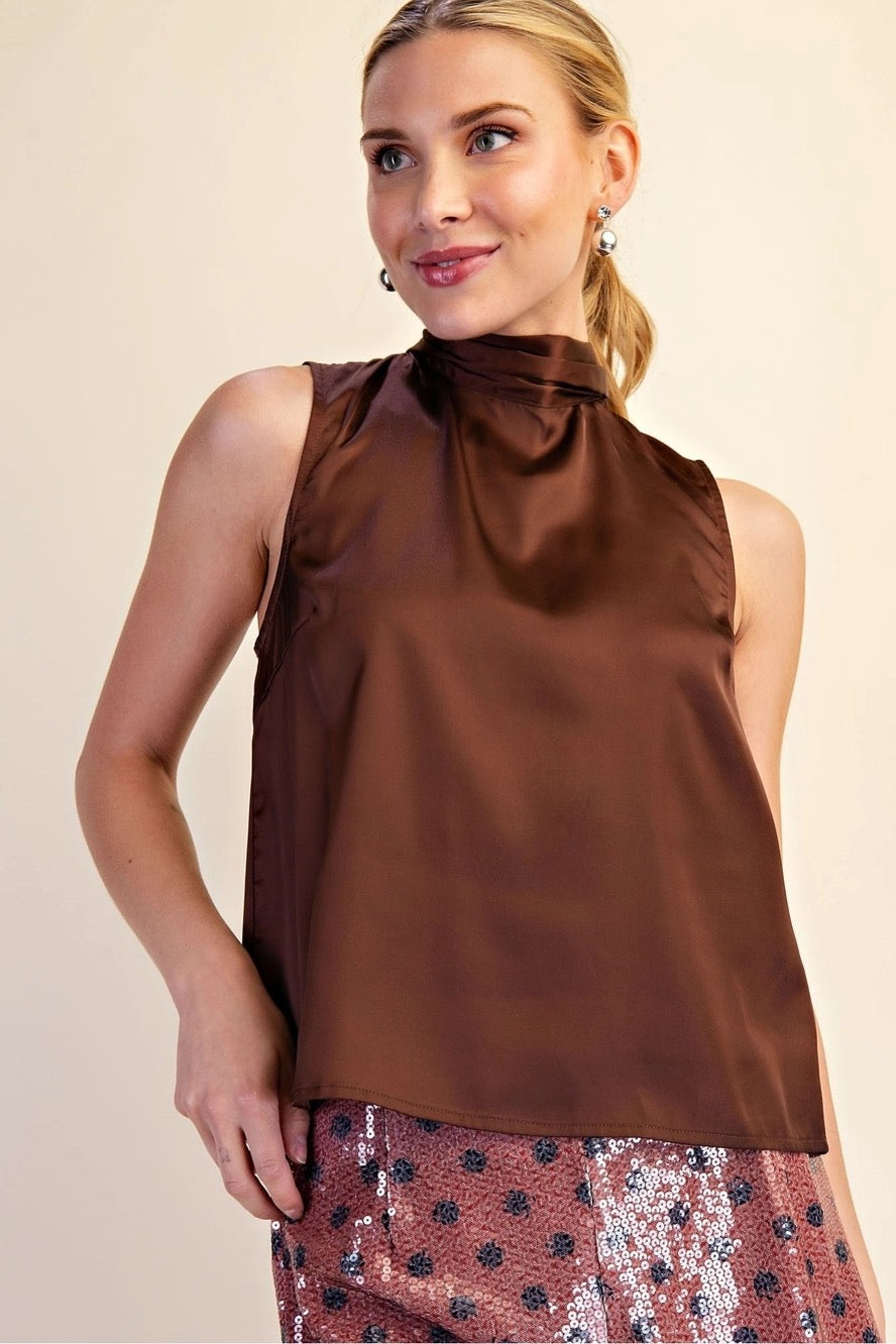 Mock Neck Back Tie Satin Top