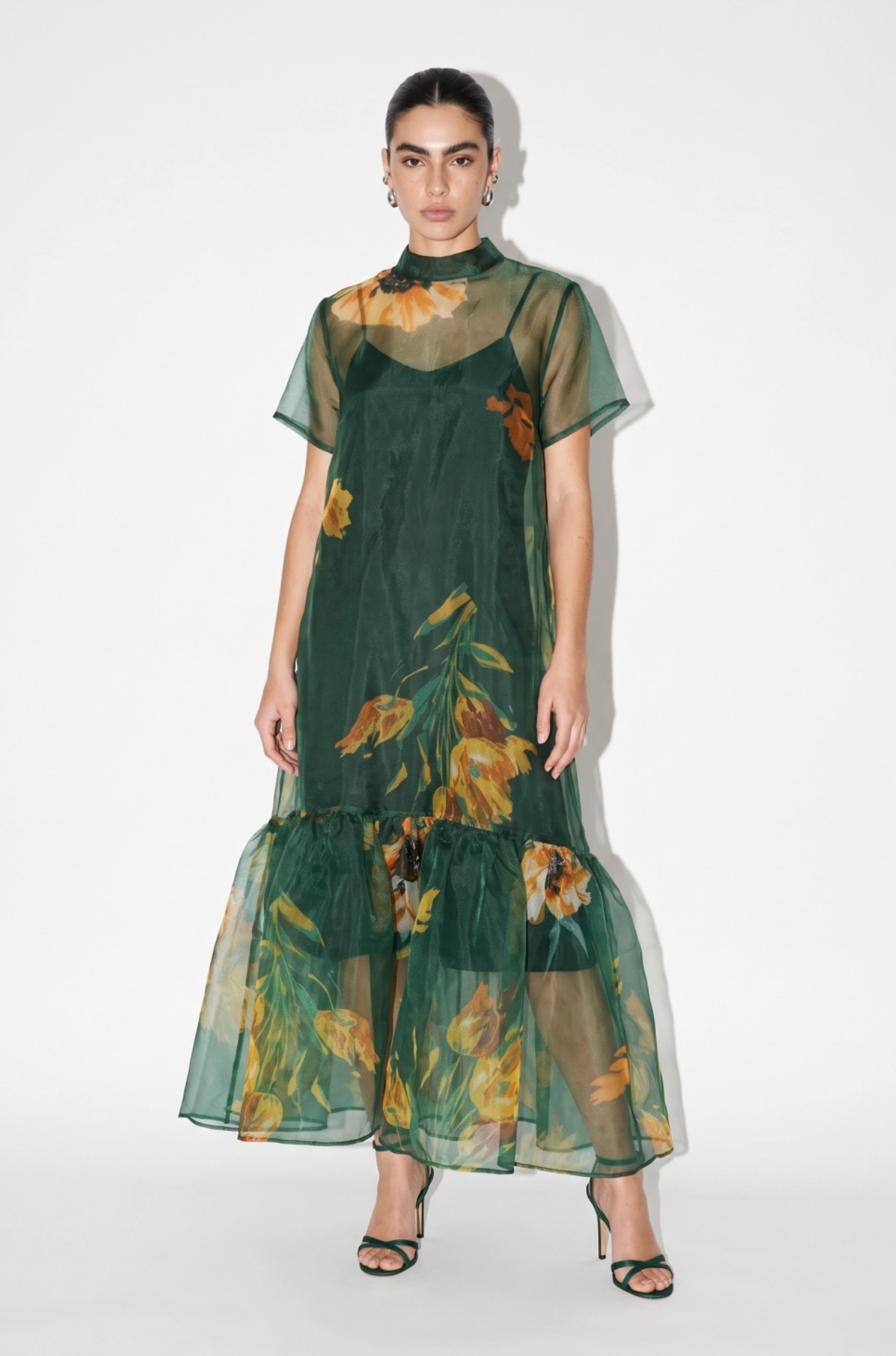 Botanical Print Sheer Overlay Tie-Neck Dress